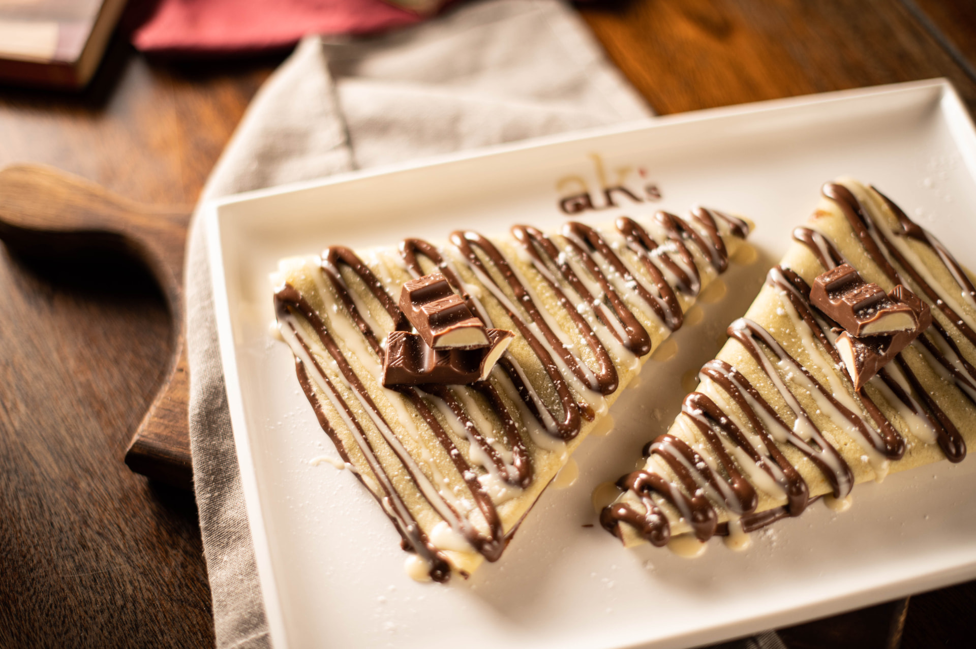 Crêpes with chocolate on an AK's Coffee House plate